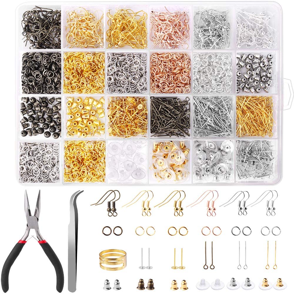 Hazms 2000 PCS Earring Hooks Earring Making Kit Earring Hooks for Jewelry Making with Jump Rings Earring Backs Pliers Tweezers Jump Ring Opener for Jewelry Making and Earring Repair