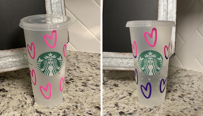 Color Changing Hearts Starbucks Cup⎮Starbucks Cup with Cold Color Changing Vinyl, Gift for Girl, Gift for Teen, Pink Hearts, Purple Hearts