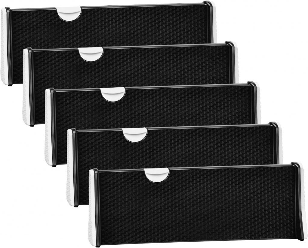 JONYJ Drawer Dividers Organizer 5 Pack, Adjustable Separators 4" High Expandable from 11-17" for Bedroom, Bathroom, Closet,Clothing, Office, Kitchen Storage, Strong Secure Hold, Foam Ends