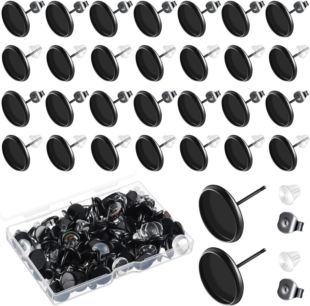 300 Pieces Stud Earring Kit Include 100pcs 12 mm Stainless Steel Blank Stud Earring Bezel Settings 100 Rubber Backs 100 Stainless Steel Earring Backs