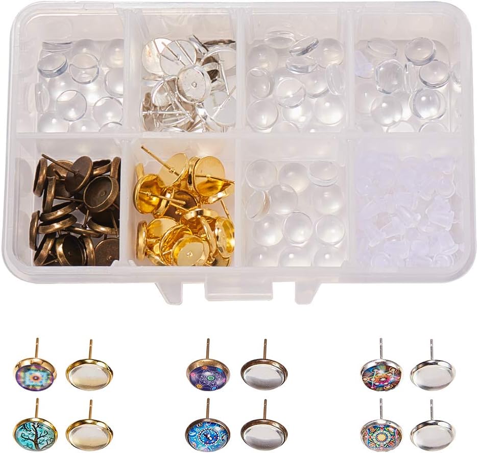 SUNNYCLUE 1 Box DIY 30 Pairs 3 Color Cabochon Stud Earrings Making Starter Kit 60pcs